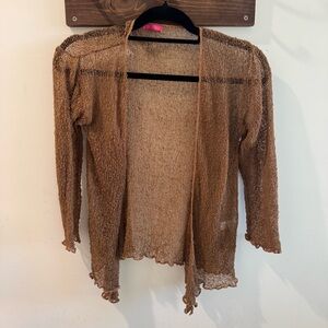 Shu-Shi Open Knit Lettuce Hem Cardigan in Mocha Brown One Size